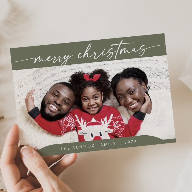 Boho Chic Olive Green Easy Modern Photo Christmas Holiday Card (Creator Uploaded)