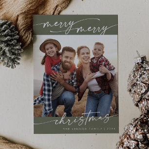 Boho Chic Olive Green Family Photo Cute Christmas Holiday Card