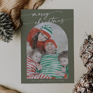 Boho Chic Olive Green Fun Family Photo Christmas Holiday Card