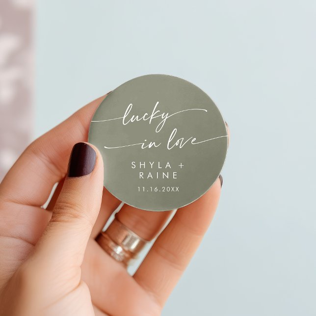 Boho Chic Olive Green Lucky In Love Favour Classic Round Sticker (Boho Chic Olive Green Lucky In Love Favor Classic Round Sticker)