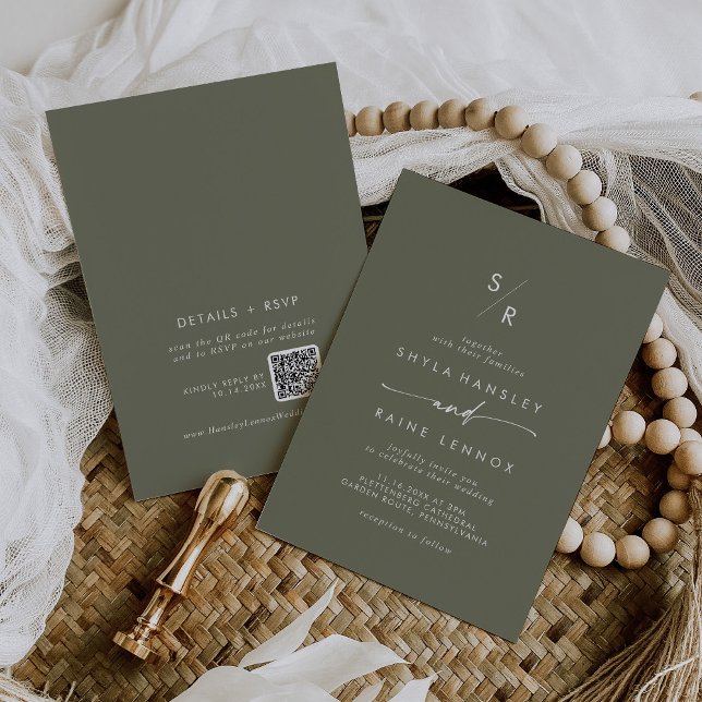 Boho Chic Olive Green Monogram QR Code Wedding Invitation (Creator Uploaded)