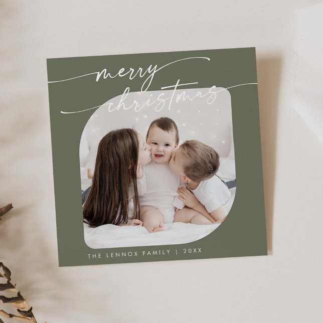 Boho Chic Olive Green Photo Cute Family Christmas Holiday Card (Creator Uploaded)