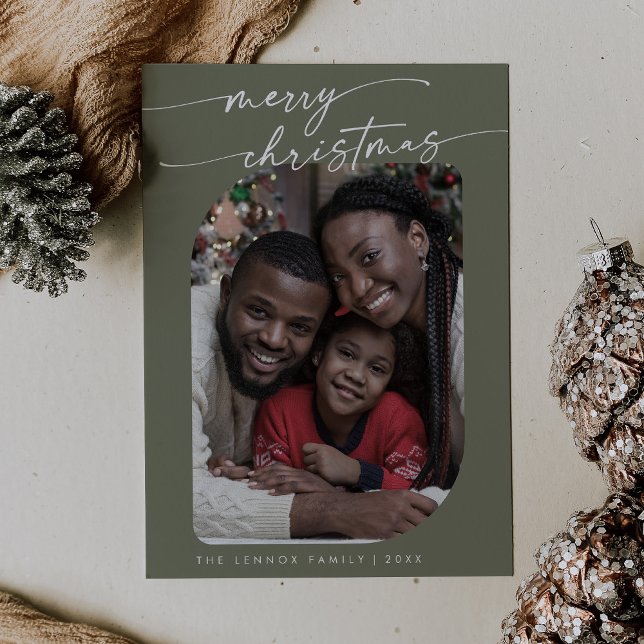 Boho Chic Olive Green Photo Cute Merry Christmas Holiday Card (Creator Uploaded)