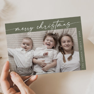 Boho Chic Olive Green Photo Fun Family Christmas Holiday Card
