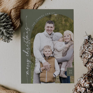 Boho Chic Olive Green Photo Modern Merry Christmas Holiday Card