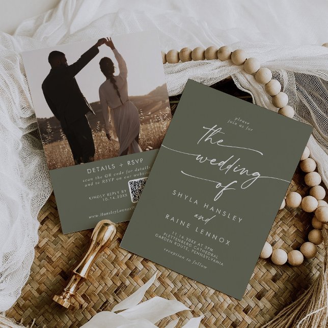 Boho Chic Olive Green Photo QR Code Wedding Invitation (Creator Uploaded)