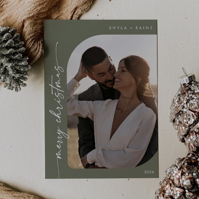 Boho Chic Olive Green Photo Simple Merry Christmas Holiday Card (Creator Uploaded)
