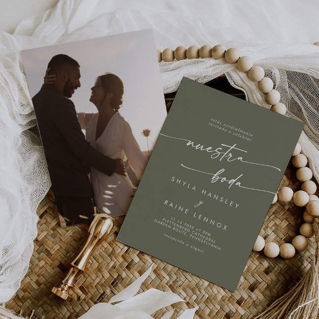 Boho Chic Olive Green Photo Spanish Wedding Invitation (Creator Uploaded)