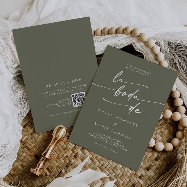 Boho Chic Olive Green QR Code Spanish Wedding Invitation (Creator Uploaded)