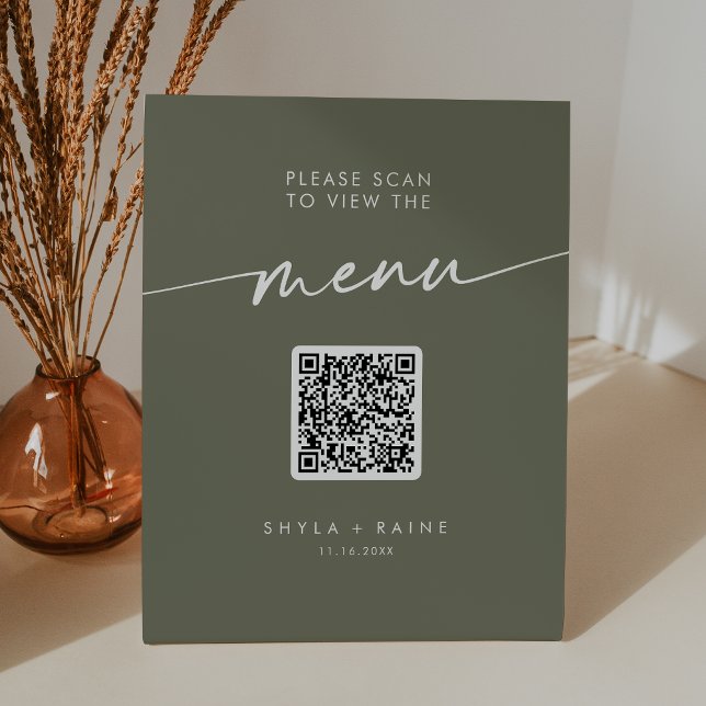 Boho Chic Olive Green QR Code Wedding Menu Pedestal Sign (Creator Uploaded)