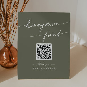 Boho Chic Olive Green Wedding Honeymoon Fund Pedestal Sign