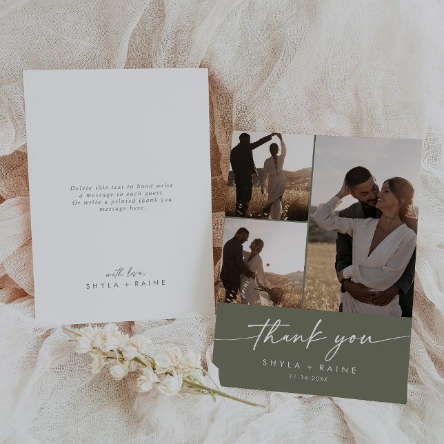 Boho Chic Olive Green Wedding Photo Collage Thank You Card (Creator Uploaded)