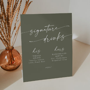 Boho Chic Olive Green Wedding Signature Drinks Pedestal Sign
