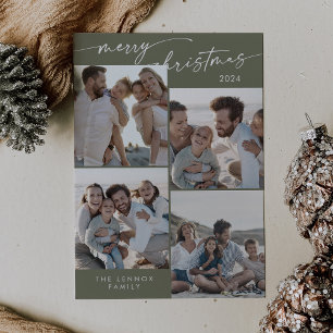 Boho Chic Olive Green Xmas Photo Unique Christmas Holiday Card