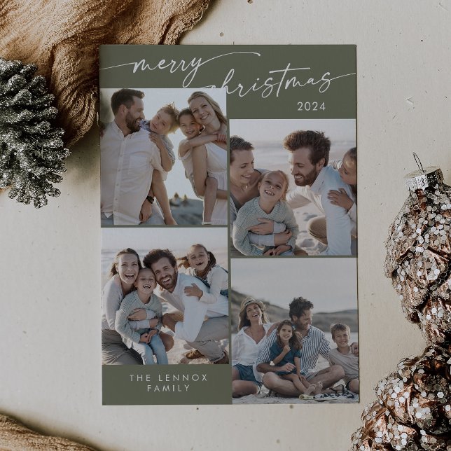 Boho Chic Olive Green Xmas Photo Unique Christmas Holiday Card (Creator Uploaded)