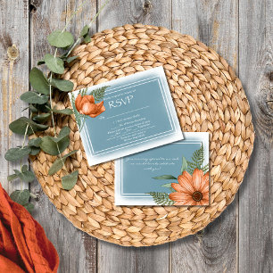 Boho Chic Orange Florals Smokey Blue RSVP