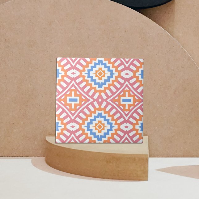 Boho Chic Orange Pink Yellow Ethnic Geometric Tile (Creator Uploaded)