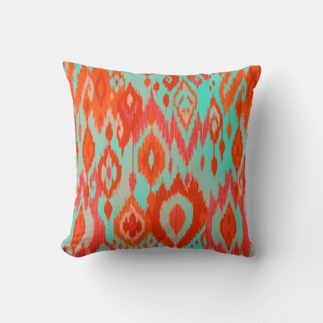 Boho Chic orange red turquoise Ikat Tribe Tapestry Cushion (Front)