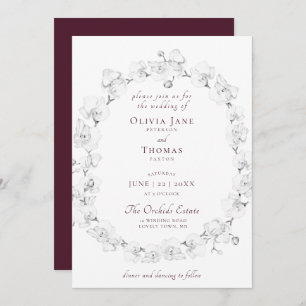 Boho Chic Orchid Floral Wreath Burgundy Wedding Invitation