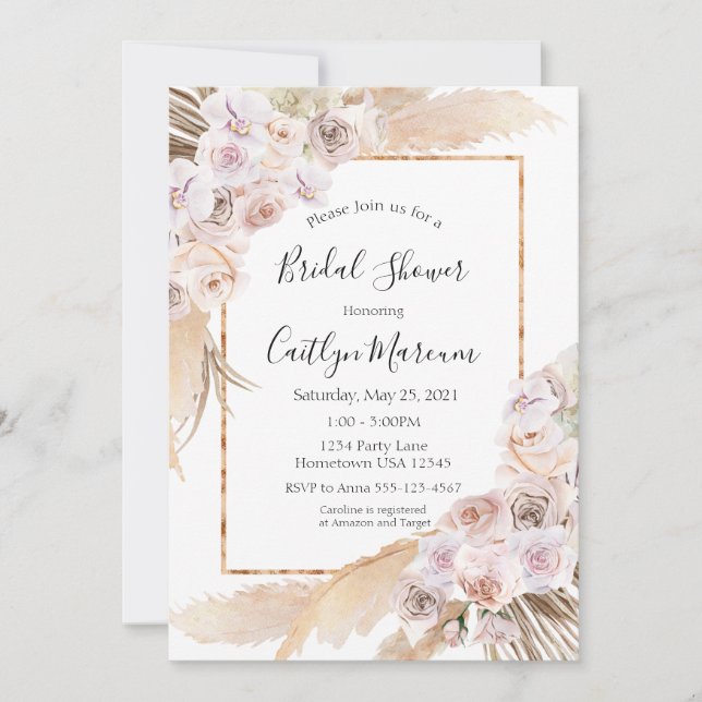 Boho chic orchid pampas grass bridal shower invitation (Front)