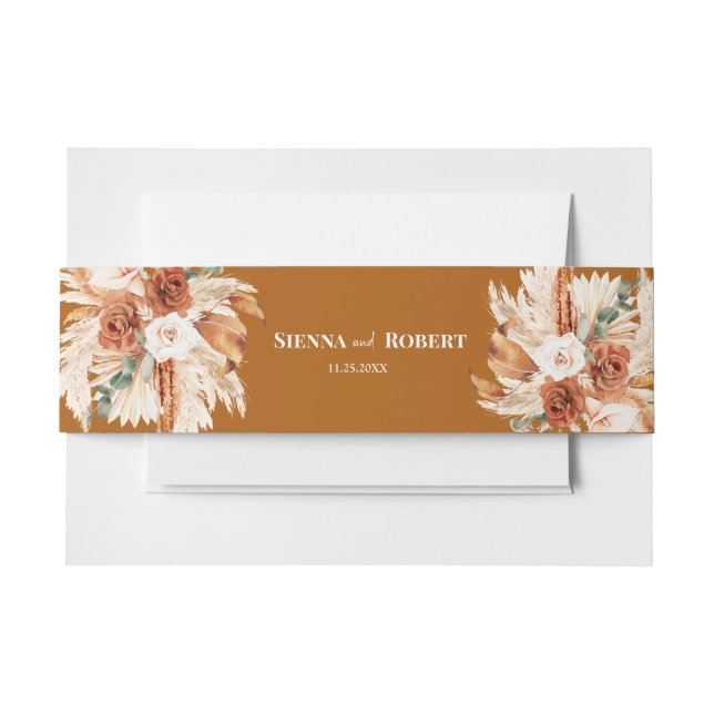 Boho Chic Pampas Grass Floral Wedding Invitation Belly Band (Front Example)