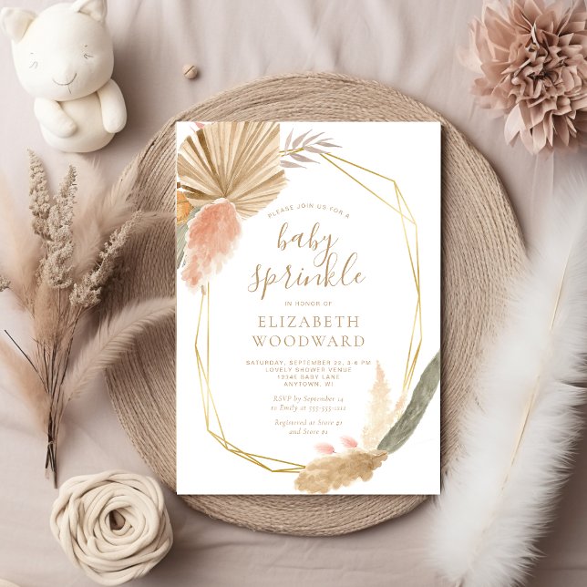 Boho Chic Pampas Grass Gold Frame Baby Sprinkle Invitation (Creator Uploaded)
