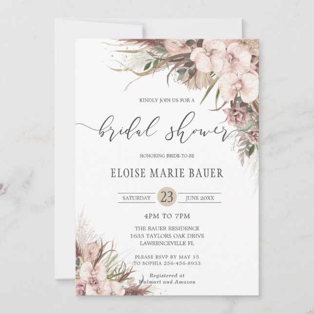 Boho Chic Pampas Grass Orchid Floral Bridal Shower Invitation (Front)