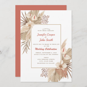 Boho Chic Pampas Grass Orchid Terracotta Wedding Invitation