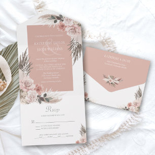 Boho Chic Pampas Grass Pink Sage Floral Wedding All In One Invitation