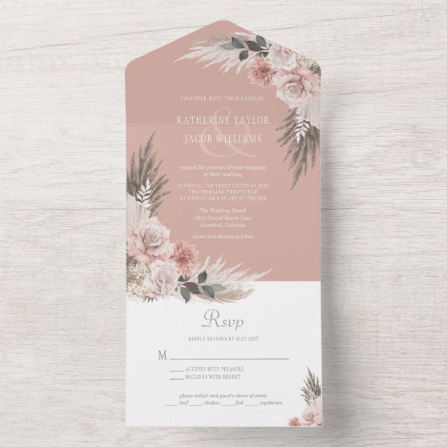 Boho Chic Pampas Grass Pink Sage Floral Wedding All In One Invitation (Inside)