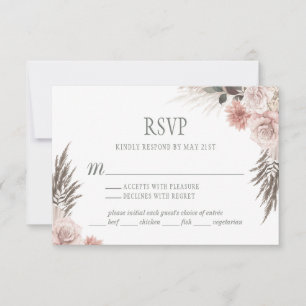 Boho Chic Pampas Grass Pink Sage Floral Wedding RSVP Card