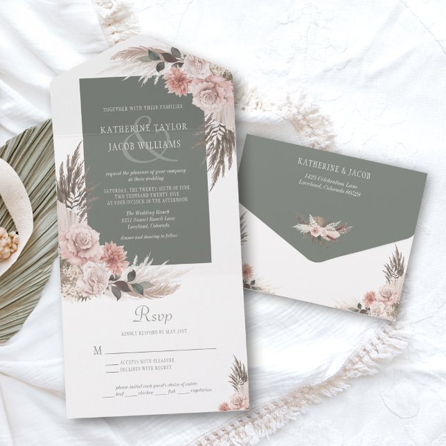 Boho Chic Pampas Grass Sage Green Floral Wedding All In One Invitation (sage green boho pampas grass wedding invitation with rsvp)