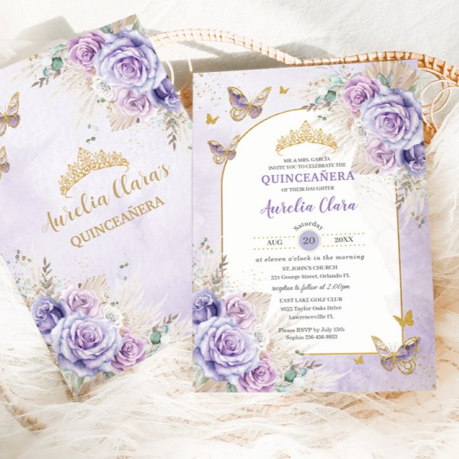Boho Chic Pampas Purple Lilac Floral Quinceañera Invitation (Creator Uploaded)
