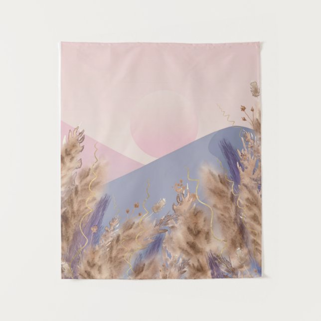 Boho Chic Pastel Pampas Grass Landscape Nature Tapestry (Front)