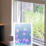 Boho Chic Pastel Purple Pink Feathers Sparkles Reusable Grocery Bag<br><div class="desc">Beautiful personalised reusable grocery bag design featuring pastel purple and pink feathers and sparkles on a blue gradient background. The text is fully customisable. To change it use the Personalise option. For more changes, such as changes to the font, font colour or text layout, use the Edit design tool option....</div>