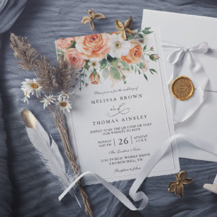 Boho Chic Peach and White Flowers QR Code Wedding Invitation