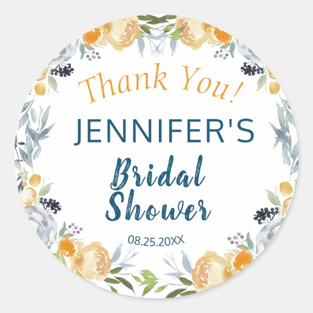 Boho Chic Peach Floral Bridal Shower Thank You Classic Round Sticker (Front)