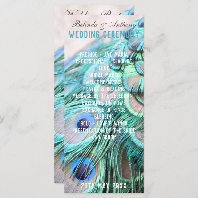 Boho Chic Peacock Back Feathers Wedding Program (Front/Back)
