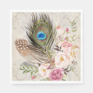 Boho Chic Peacock Feather and Roses Paper Napkin