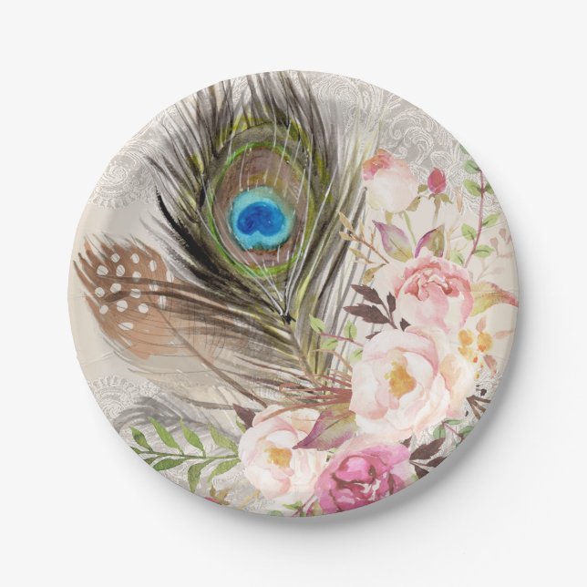 Boho Chic Peacock Feather and Roses Paper Plate (Front)