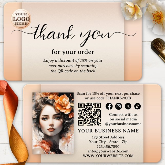 Boho Chic Photo Thank You For Your Order Business Card (Thank you for your order business card in chic peach - logo - QR code - social media - photo)