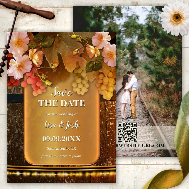 Boho Chic Photo Wine Themed Save the Date Card (Save the Date card with a wine theme, featuring grapes and pink roses on a gold artistic design)