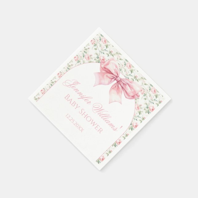 Boho chic pink bow floral baby girl shower paper napkin (Corner)