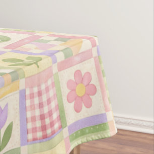 Boho Chic Pink & Green Quilt Floral Patchwork Tablecloth
