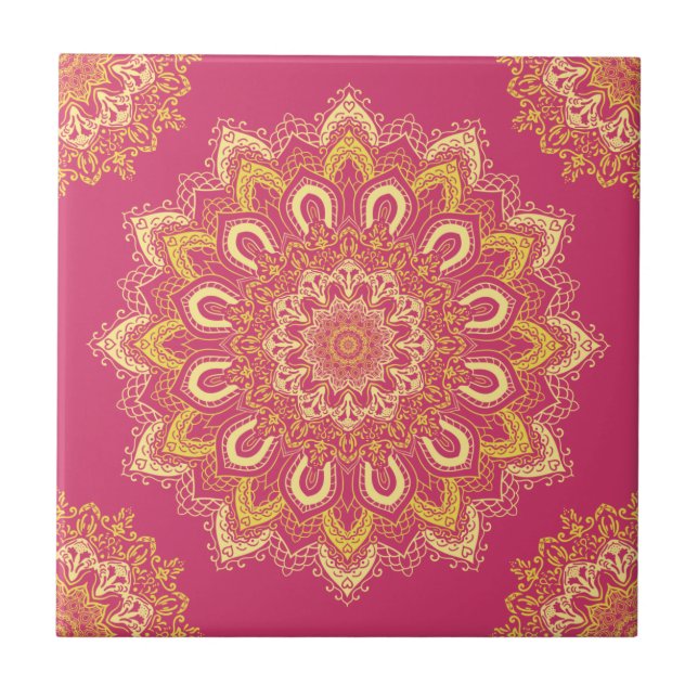 Boho Chic Pink Yellow Modern Elegant Mandala Tile (Front)