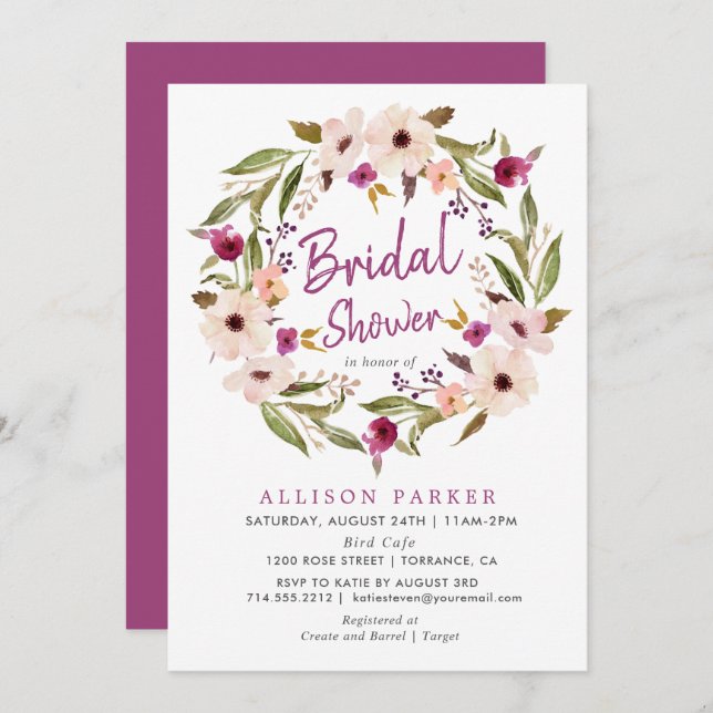 Boho Chic Plum Flowers Bridal Shower Invitation (Front/Back)