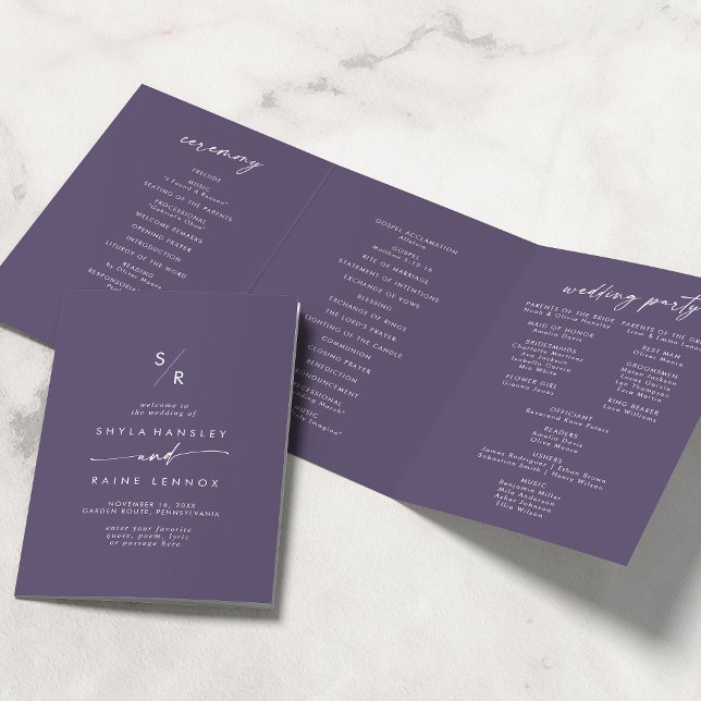 Boho Chic Plum Purple Monogram Wedding Tri-Fold Programme (Creator Uploaded)