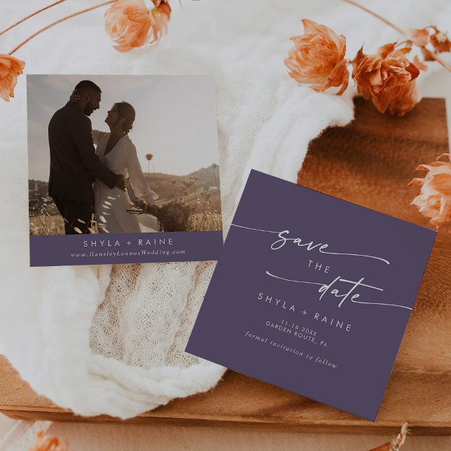 Boho Chic Plum Purple Square Photo Back Save The Date (Creator Uploaded)