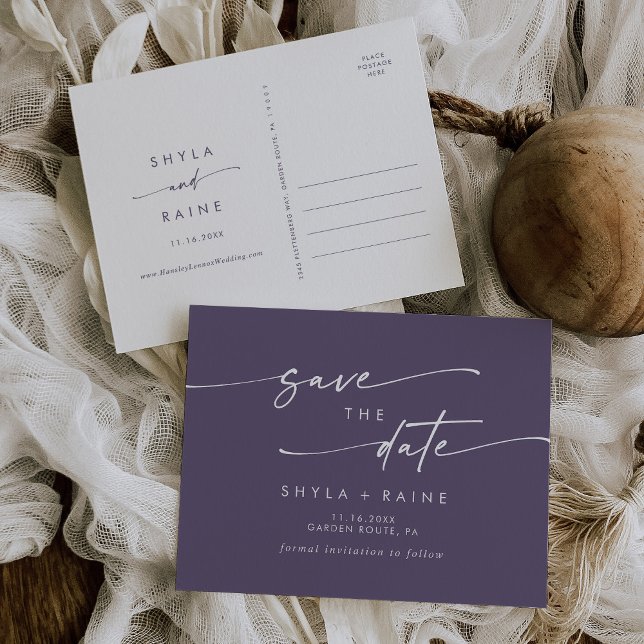 Boho Chic Plum Purple Wedding Save the Date Invitation Postcard (Creator Uploaded)
