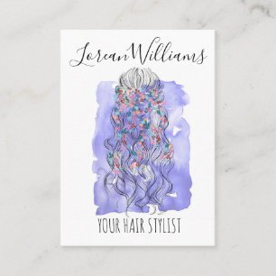 Boho Chic Purple Bride Hairstyle Watercolor Floral Business Card